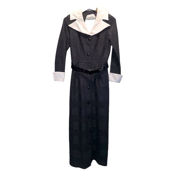 Vintage Dresses & Skirts - 70s Black with White Cuffs & Collar Maxi Dress Medium Tall